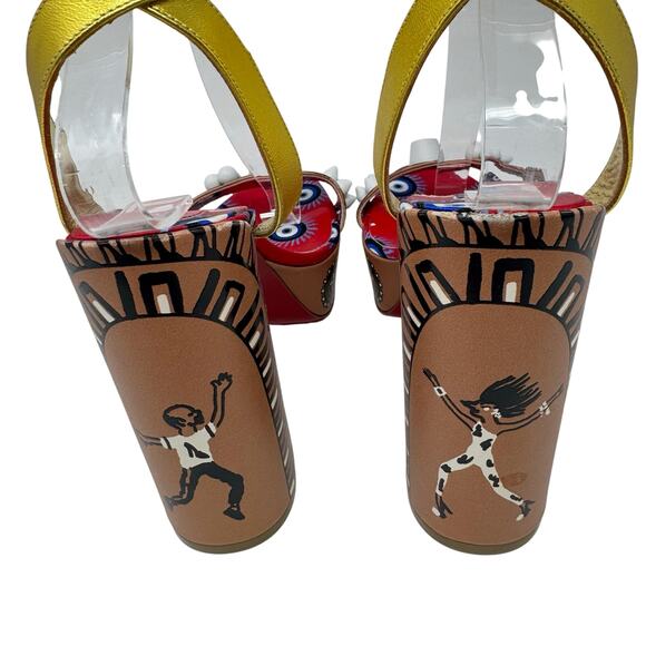 Christian Louboutin Movida Athina Platform Heels Tribal Print Gold Straps 37.5 - Picture 8 of 11